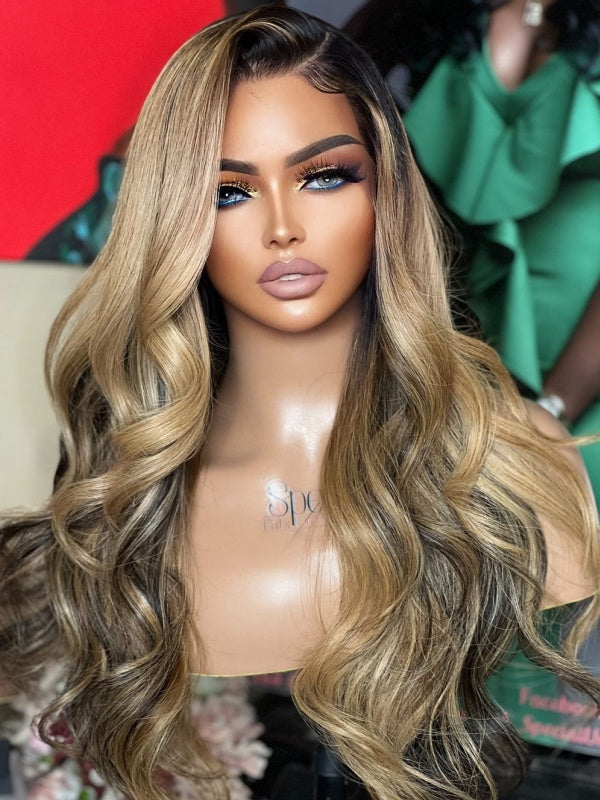 Ombre light Brown Body Wave 360 HD Lace Frontal Wig Bleached Knots